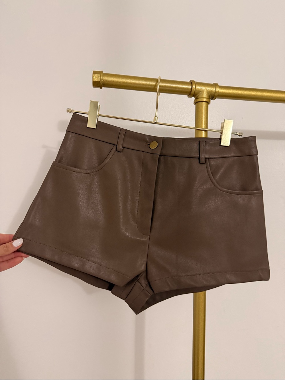 Edikted Brown High Waist Faux Leather Shorts